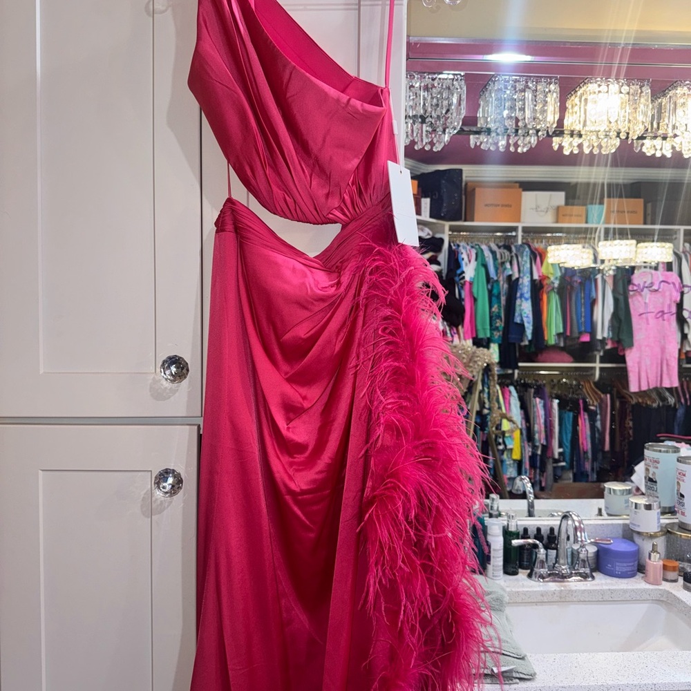 Elegant Pink Cutout Gown with Feather Detail